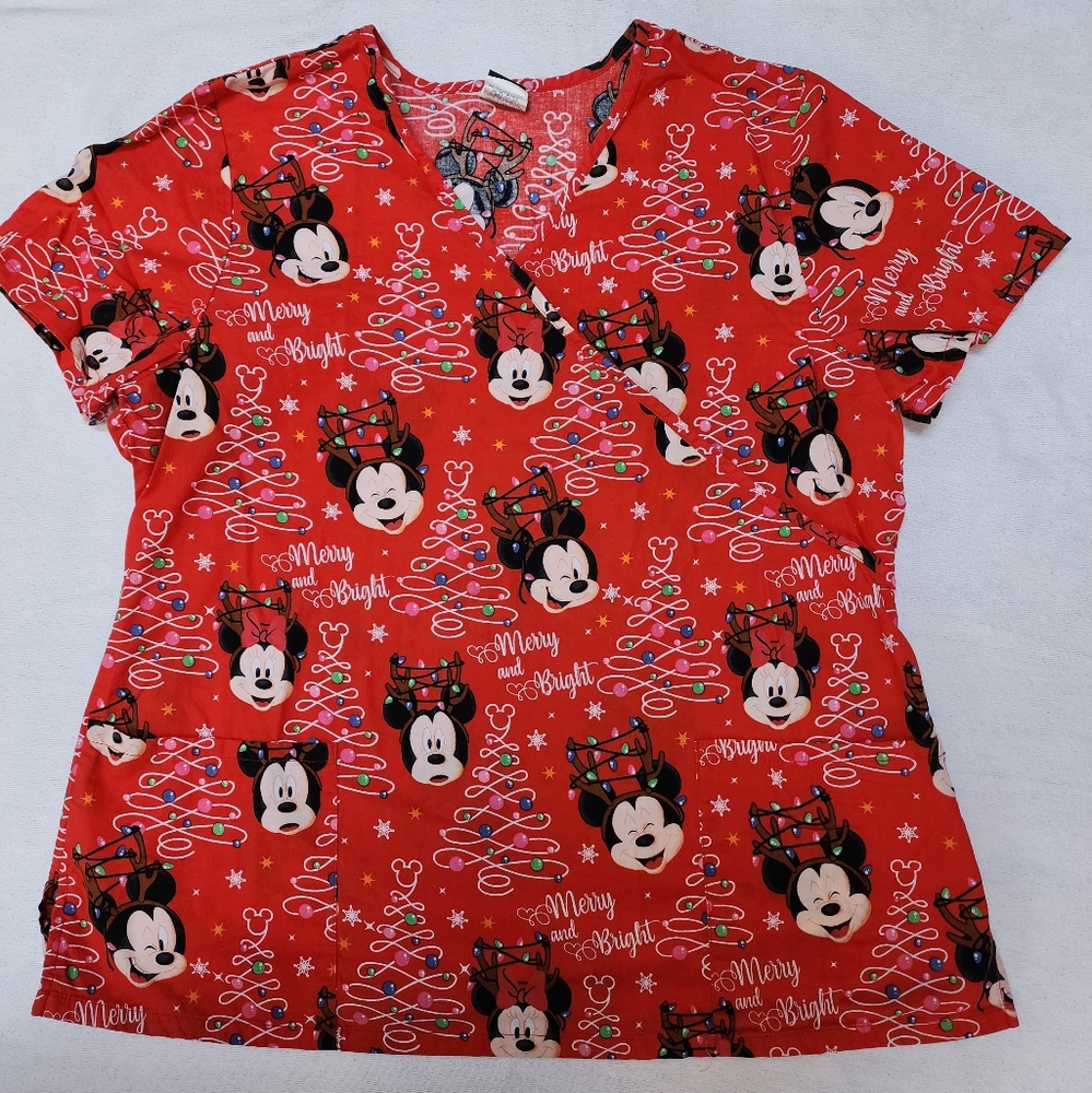 Christmas Mickey Minnie Mouse Disney Scrub Top XL